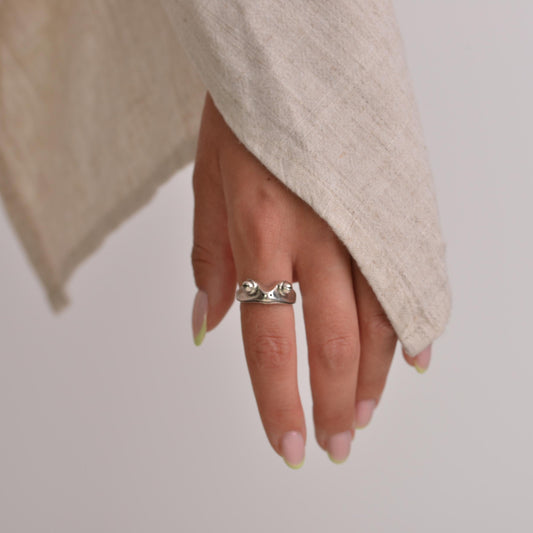 Hand wearing a silver frog ring on a plain background