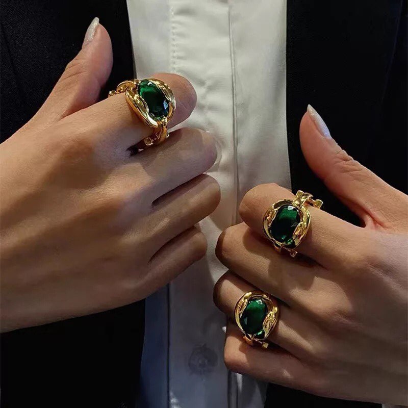 Signet Gold Ring with Green Emerald Stone