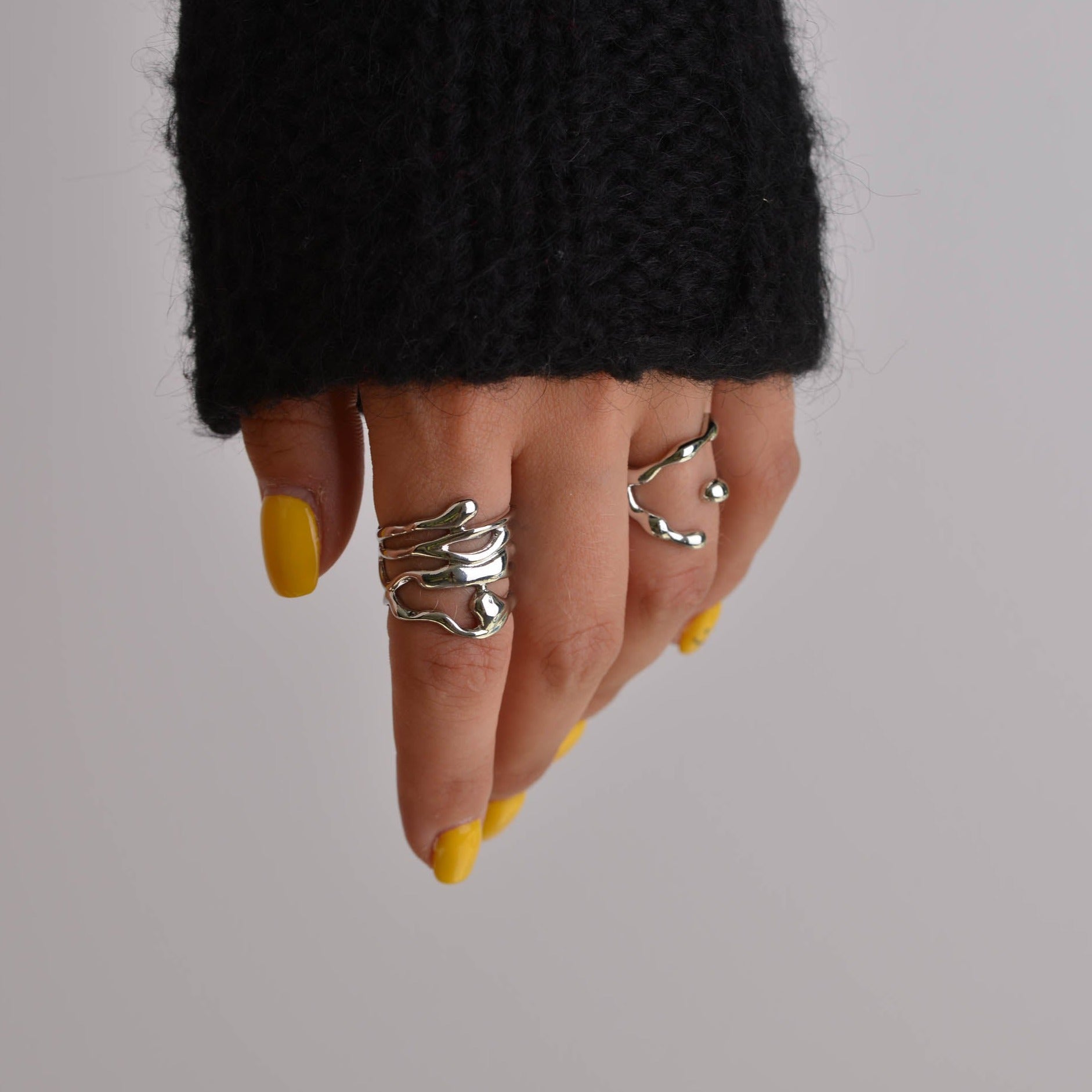 Women's Chunky Silver Ring Set | Irregular Abstract Silver Ring Set ...