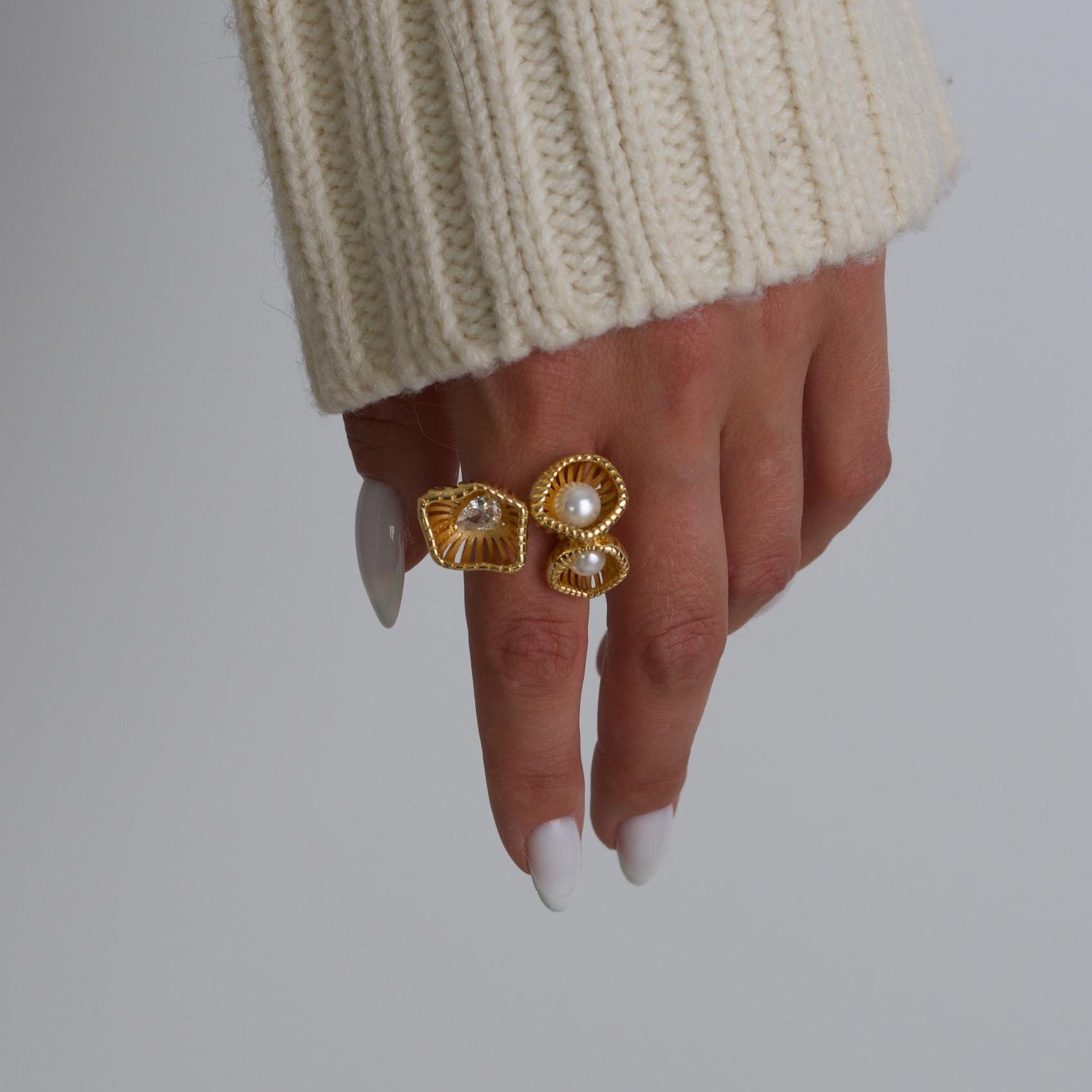 Golden Rope Pearl Adjustable Ring
