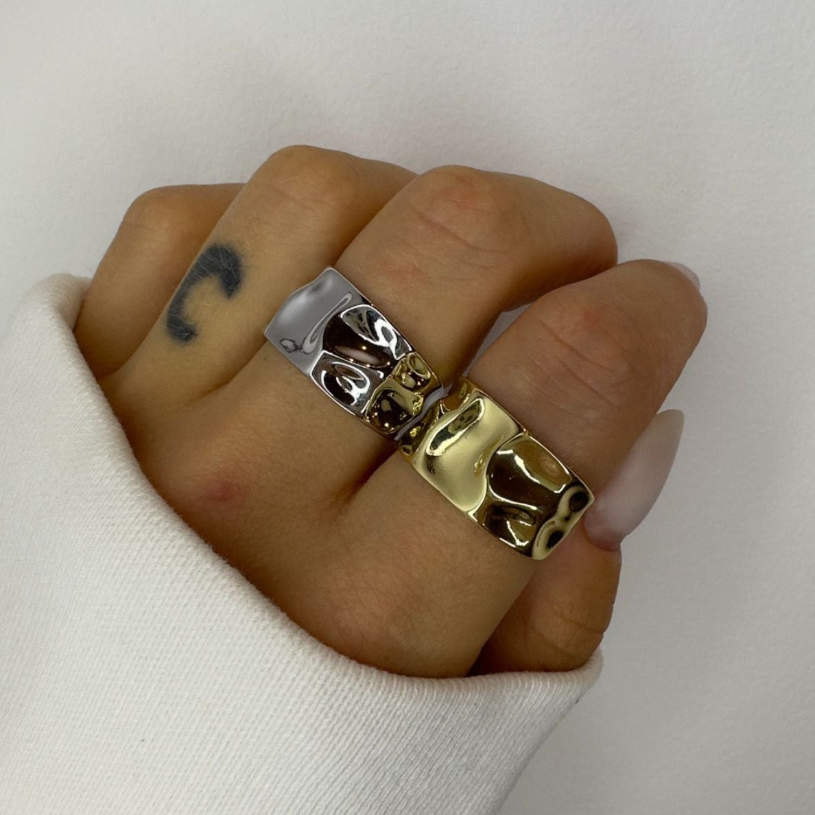 Silver and Gold Hammered Chunky Rings