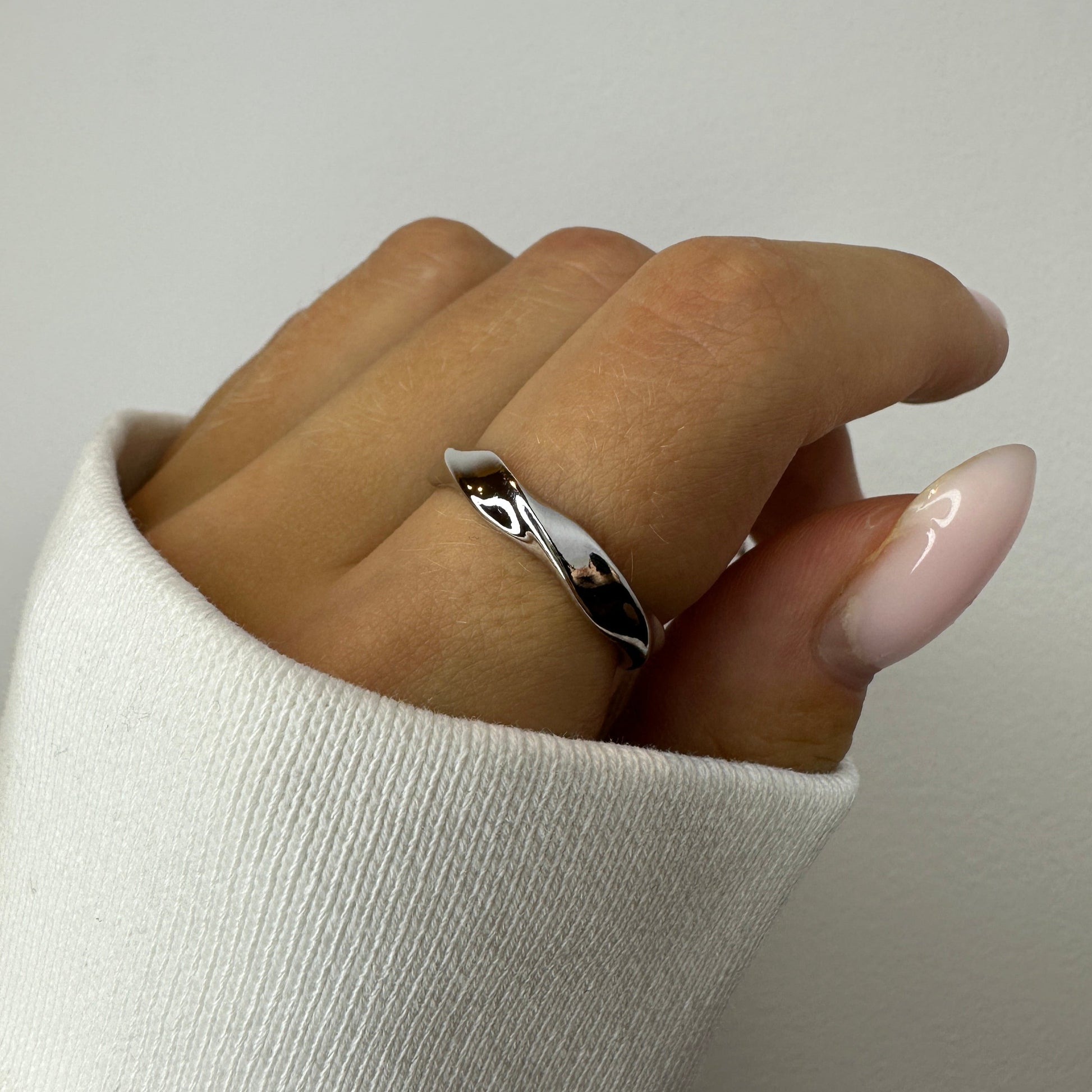 Twisted Irregular Liquid Metal Abstract Thin Silver Rings for