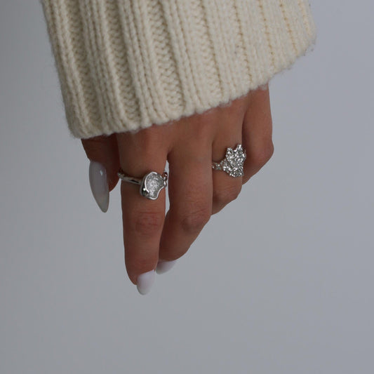 Silver Crystal Hammered Ring