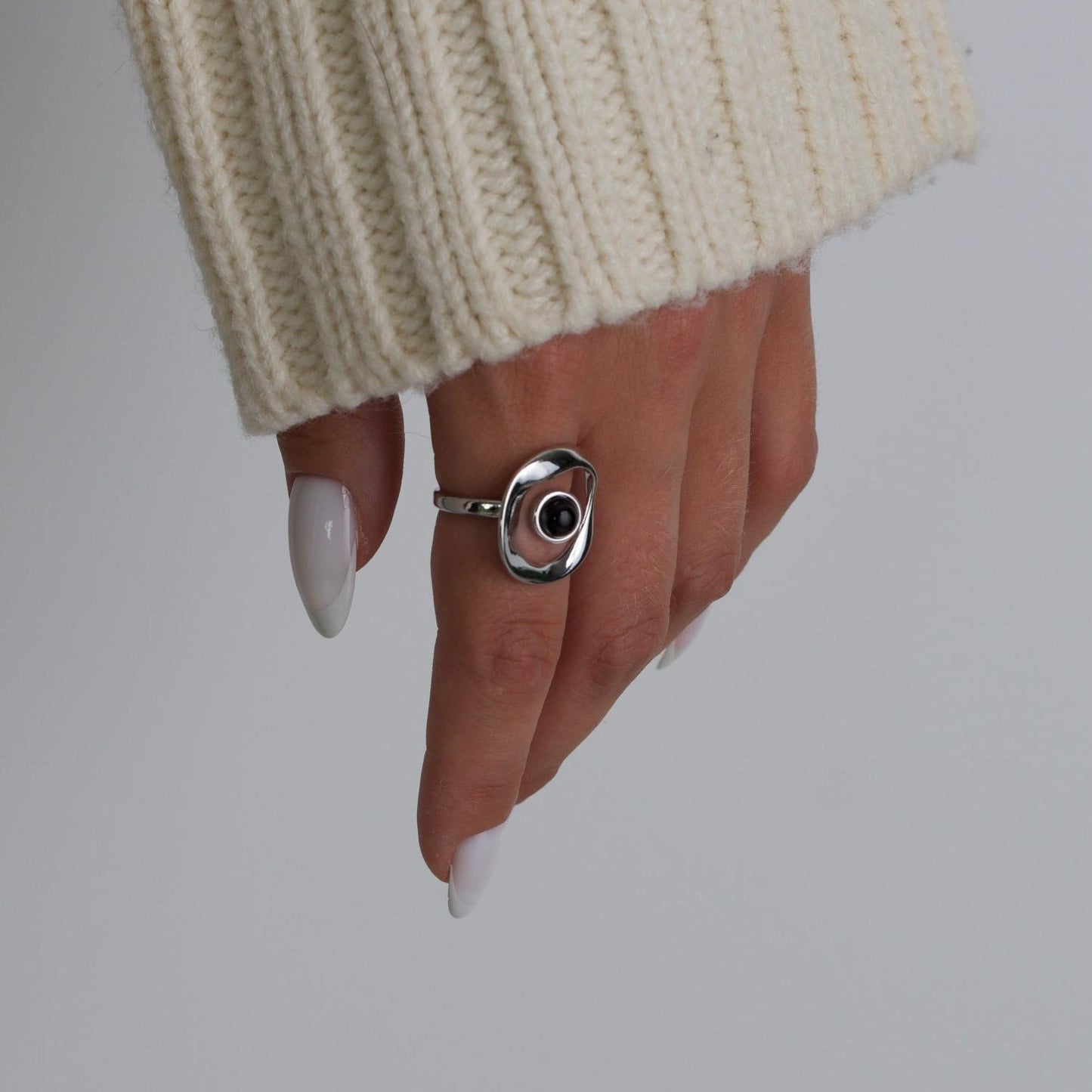 Sterling Silver Orbit Onyx Adjustable Ring