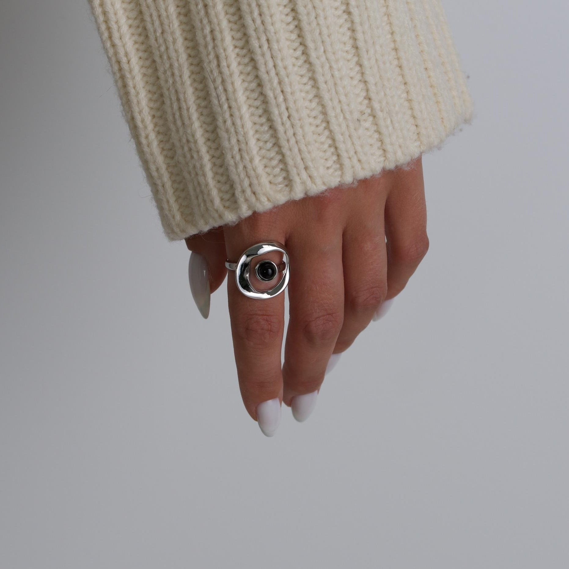 Sterling Silver Orbit Onyx Adjustable Ring
