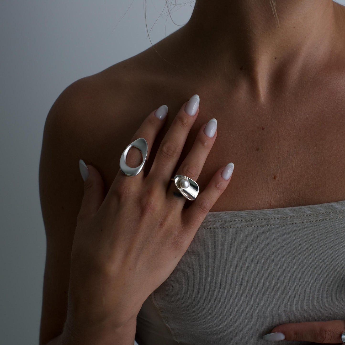 Sterling Silver Orbit Pearl Adjustable Ring 111